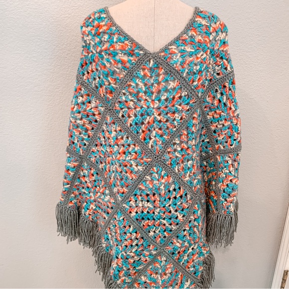 Granny Square Crochet Handmade Knit Shawl Cape Poncho Boho Festival Hippie - Picture 5 of 11